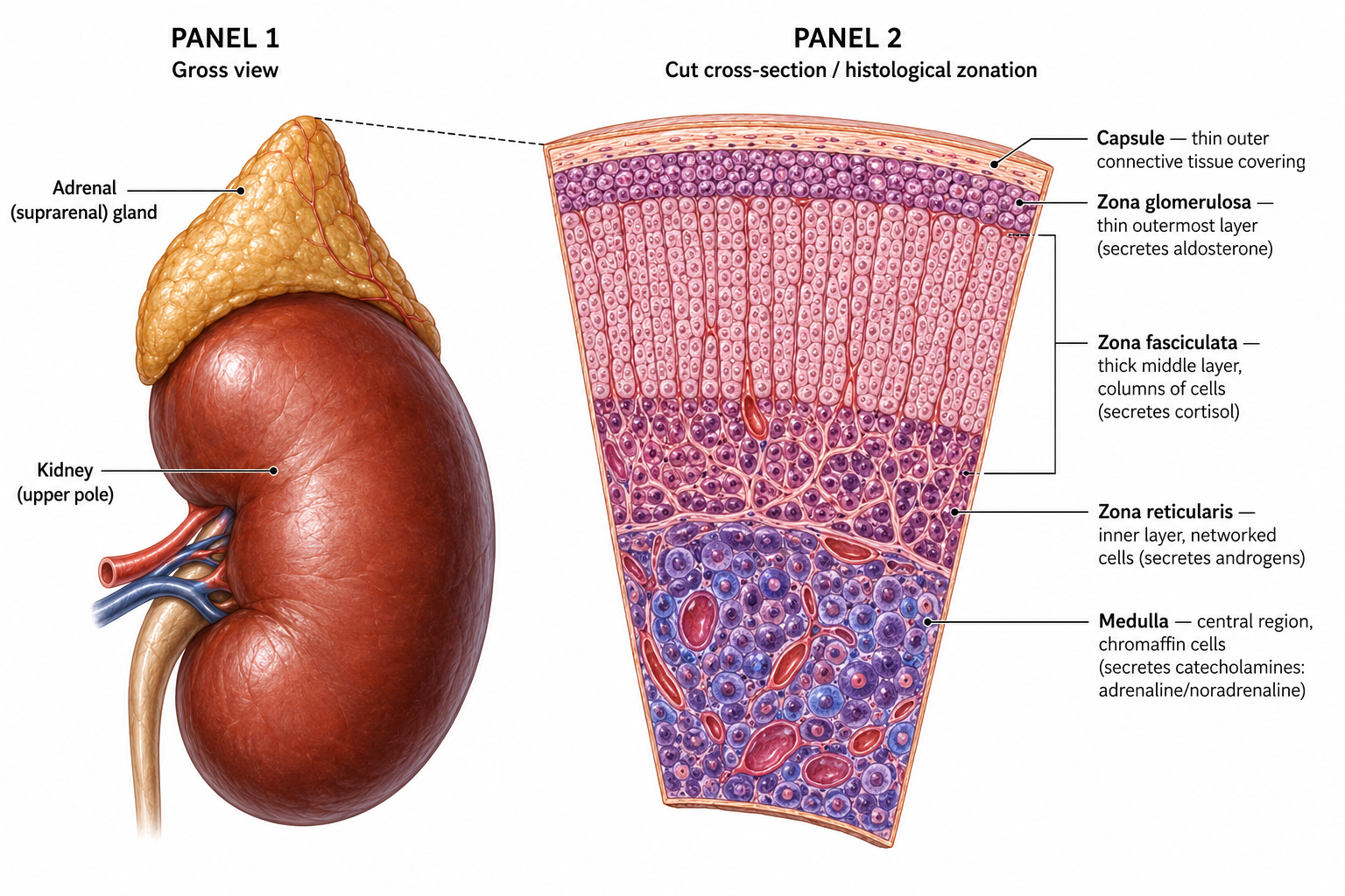 Adrenal gland — gross view and histological zonation